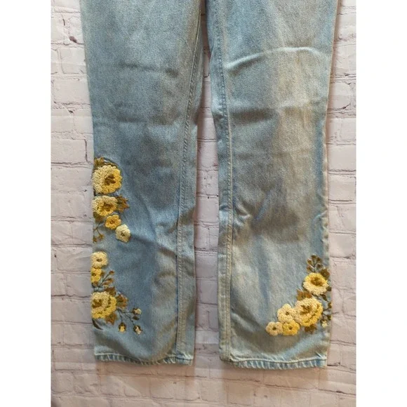 Newport News Jeanology yellow stitched flowers Sz 6 fits 2 3 4 flare Jeans - Picture 4 of 9